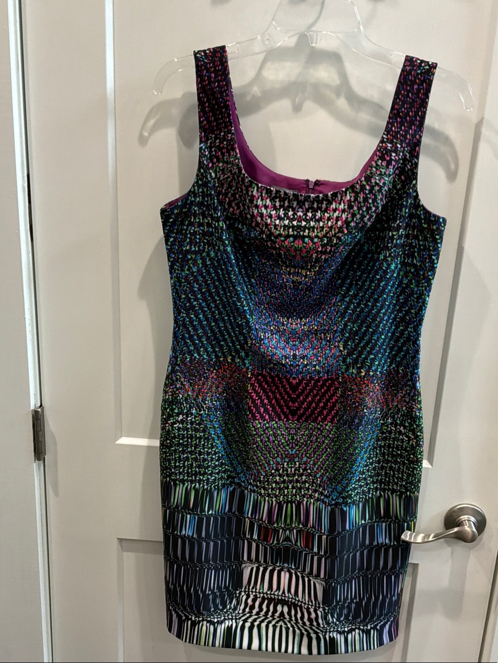 Muse Size 8 Multicolor Patterned Mini Dress Purple Trim Black Pink Lined